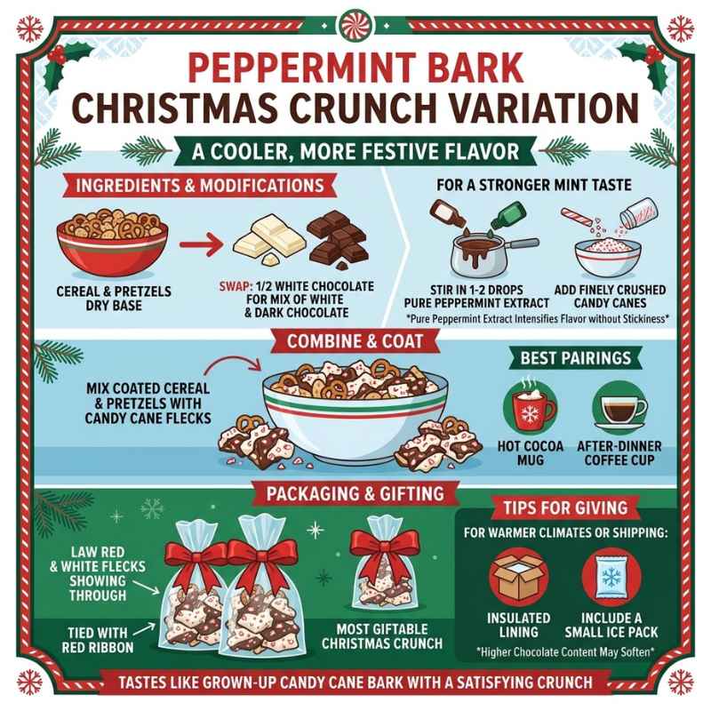 Salted Caramel Christmas Crunch

Introduce a richer, more sophisticated profile by adding a caramel layer. Melt soft caramels with a splash of cream and a pinch of sea salt, then drizzle the warm caramel over the cereal-pretzel mix before coating everything in white chocolate. Work quickly so the caramel does not seize. Finish with a light sprinkle of flaky sea salt and a handful of toffee bits. The contrast of salty caramel against sweet white chocolate creates a treat that feels bakery-level special.

This variation is ideal for adult gift lists or hostess presents. Present it in small kraft boxes lined with parchment and sealed with a gold sticker. The caramel keeps the mixture slightly more cohesive, so the clusters stay intact even after a long car ride. Because the flavor is bolder, a smaller portion still feels luxurious. Many gift-givers report that the salted caramel Christmas crunch becomes the item friends specifically request the following year.